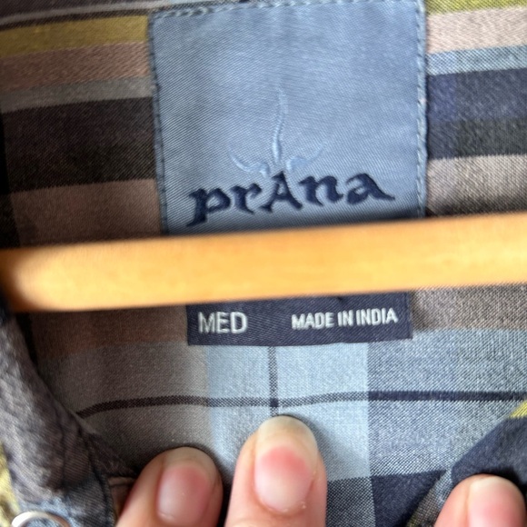 Prana cotton blue plaid button up shirt, Med, blue iridescent snaps, Western - Picture 4 of 8